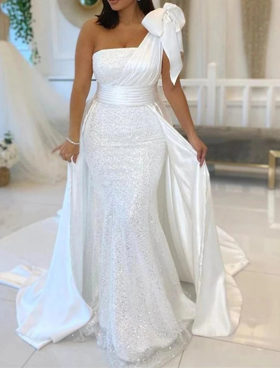 Stylish Women's Outfit Hall Wedding Dresses Mermaid / Trumpet One Shoulder Sleeveless Chapel Train Sequined Bridal Gowns With Bow(s) Sequin