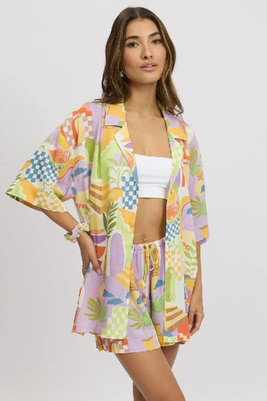 Women's Wedding Apparel Multi Abstract Relaxed Shirt Short Sleeve Linen Blend