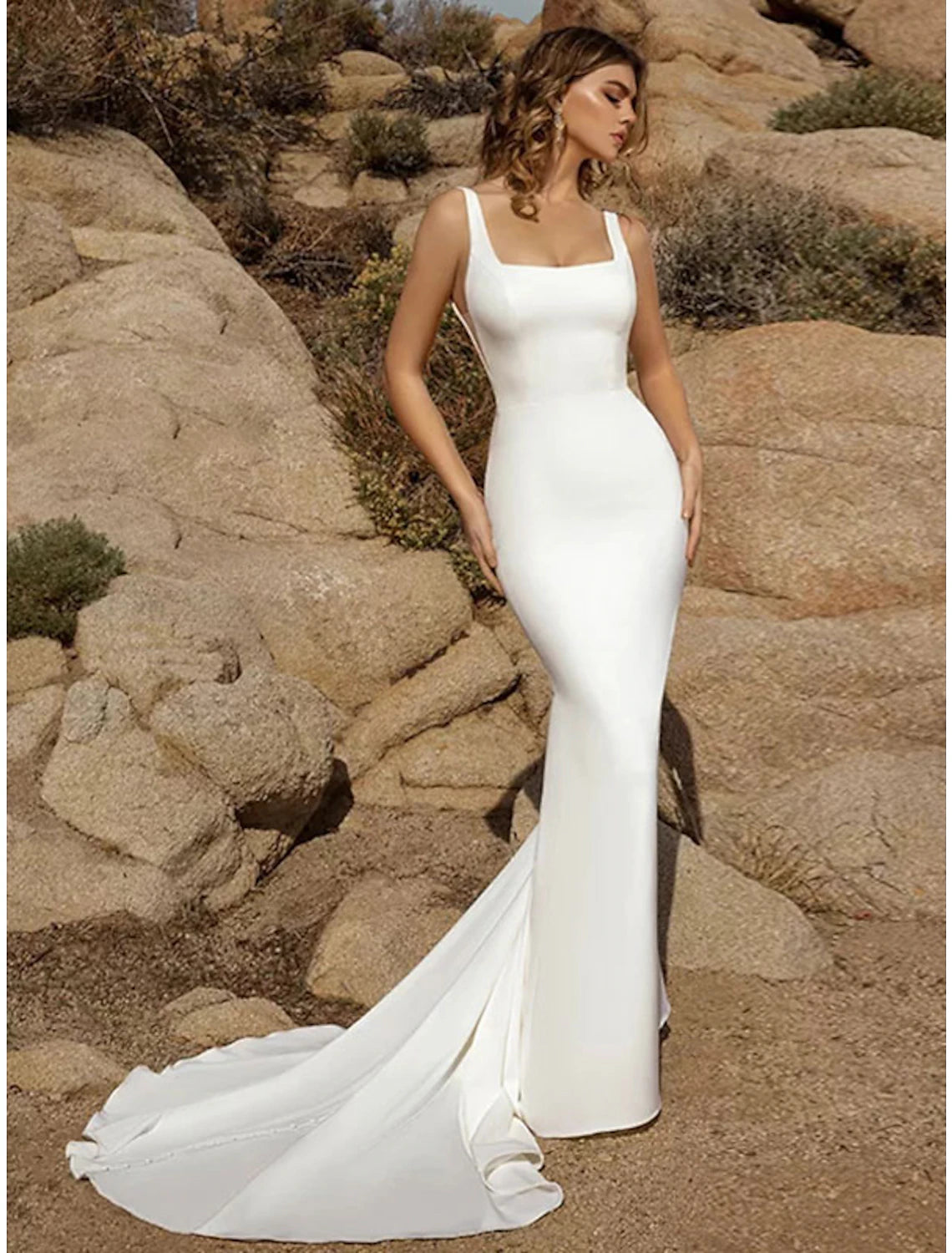 Casual Outfit For Women Beach Open Back Casual Wedding Dresses Mermaid / Trumpet Square Neck Sleeveless Court Train Stretch Fabric Bridal Gowns With Buttons Solid Color Summer Wedding Party