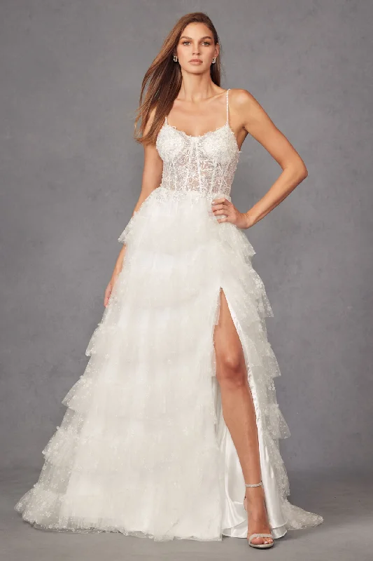 Women's Clothes For The Office Juliet JT2464AW Glitter Ruffle Skirt Long Wedding Dress