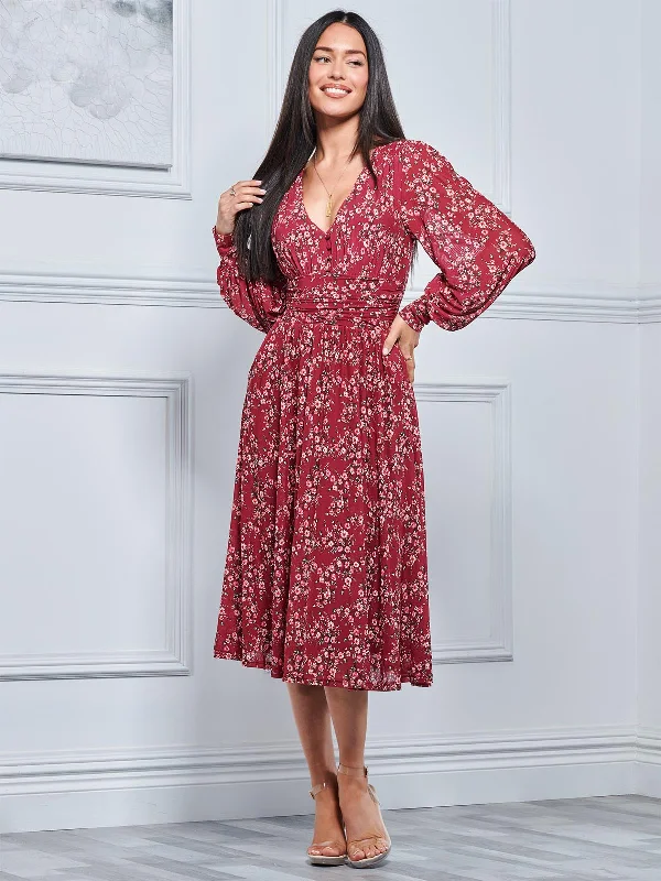 Women's Comfortable Clothes For Weekends Jolie Moi Gianna Long Sleeve Mesh Midi Dress, Wine Floral Women's Comfortable Clothes For Weekends Jolie Moi Gianna Long Sleeve Mesh Midi Dress, Wine Floral