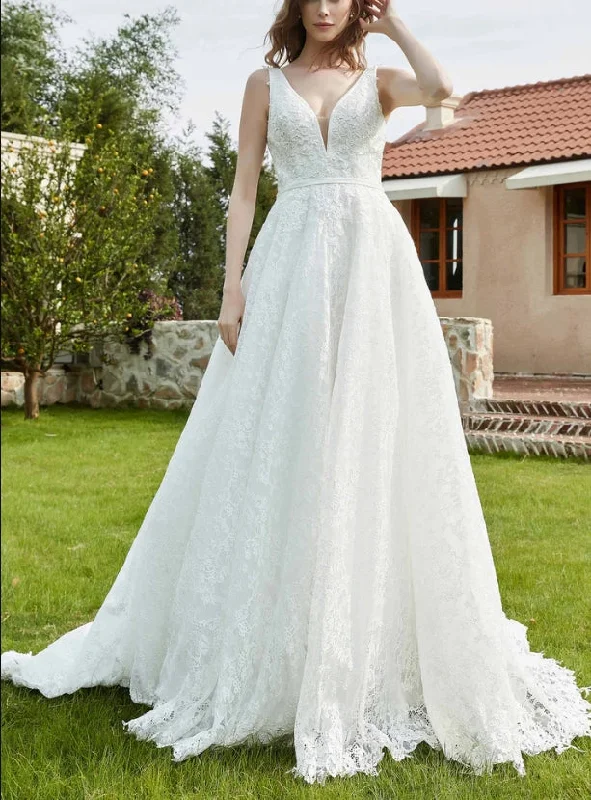 Women's Vacation Outfit Wedding Dress New Pattern Backless V-neck Lace Elegant Simple Fall November December Wedding