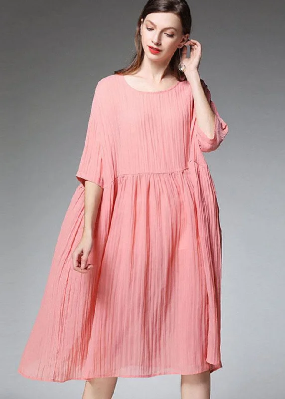 Women's Tailored Outfit Elegant Pink Wrinkled Pockets Summer Dress Half Sleeve