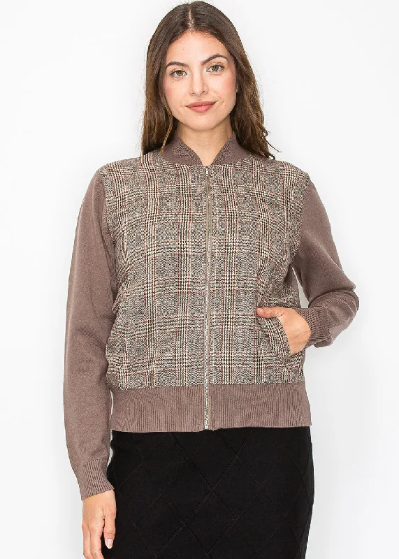 Women's Outerwear Clothing Taupe Plaid Panel Zip-Up Cardigan