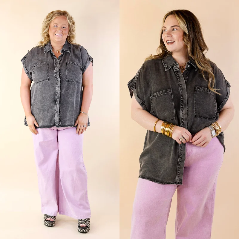 Women's High-End Clothing Fast Forward Denim Hidden Button Up Top with Short Sleeves in Black