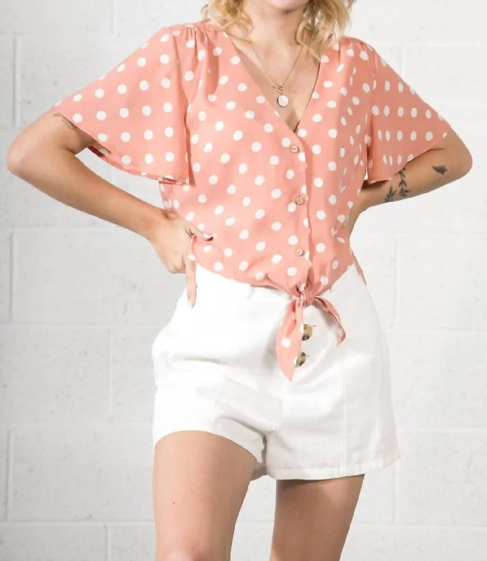 Women's Holiday Attire Polka Dot Tie Knot Crop Top In Blush