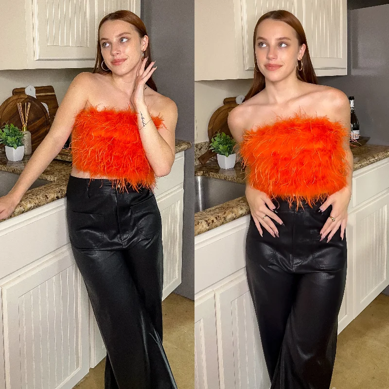 Women's Athletic Outfit Luxe Moment Strapless Feather Crop Top in Orange