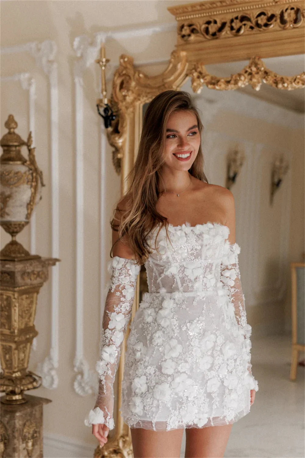 Women's Comfortable Lounge Attire Intricate Sparkle Strapless A-line Celebrity Dress Applique Paillette / Sequins Mini Organza Cocktail  فساتين كوكتيل wedding dress