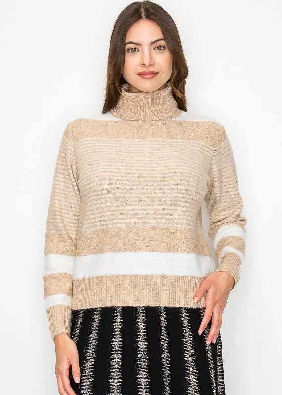 Women's Evening Wear Attire Beige Striped Turtleneck Sweater