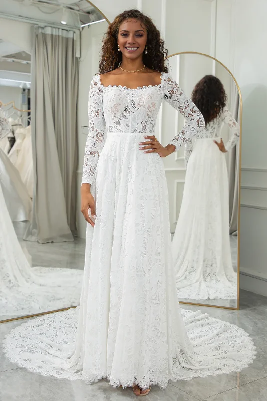 Women's Professional Outfit Ivory A-Line Lace Wedding Dress Sweep Train Dress with Sleeves