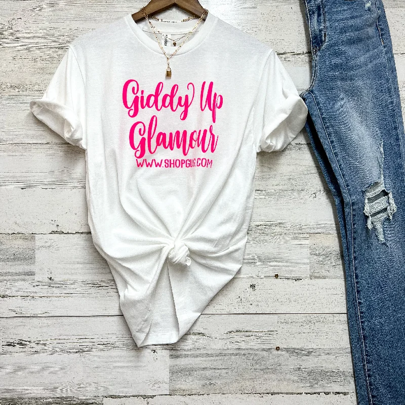 Women's Comfortable Clothes For Weekends Black Friday Free Gift | Giddy Up Glamour Pink Graphic Logo Tee in White