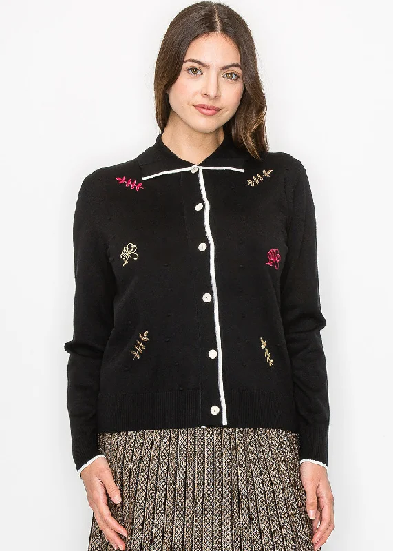 Women's Plus-Size Garments Black Buttoned Cardigan with Floral Accents