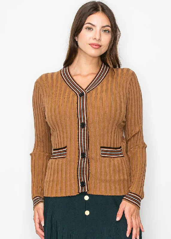 Elegant Women's Attire Ribbed Camel Cardigan with Striped Details