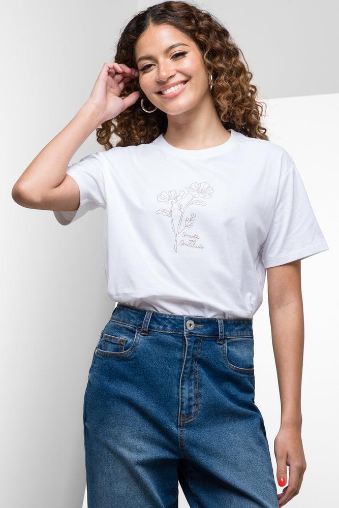 Women's Clothing For Holiday Travel Floral Short Sleeve T-Shirt White