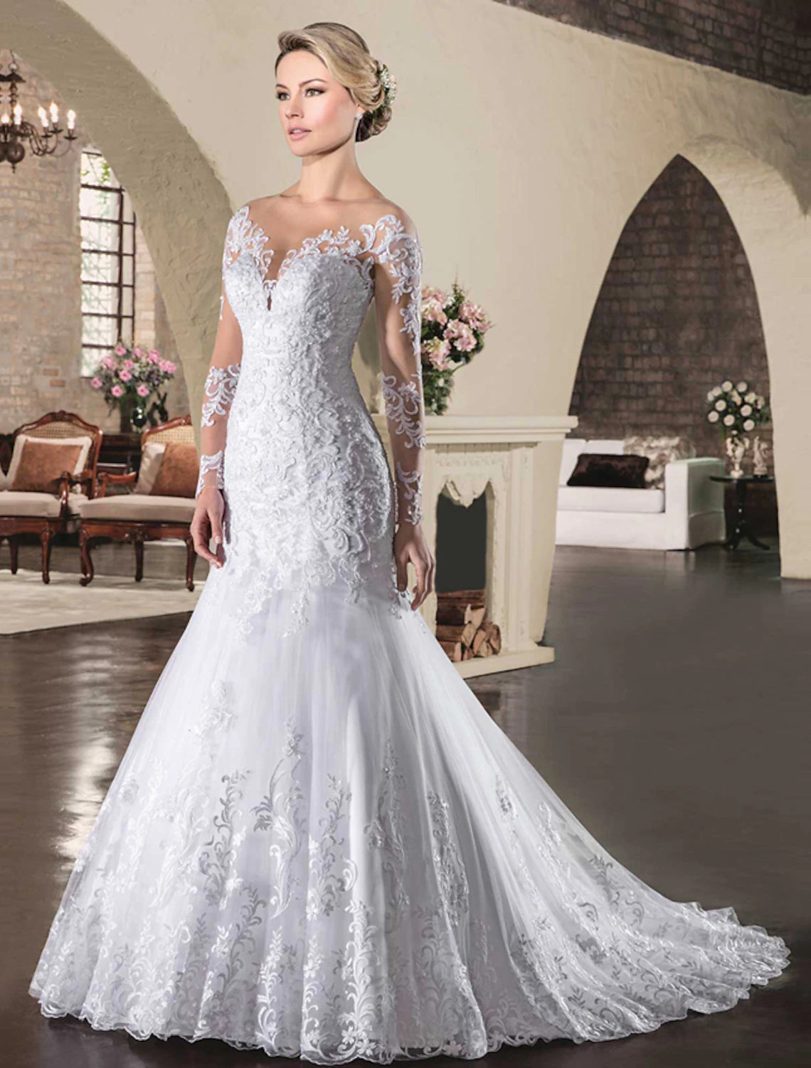 Women's Transitional Garments Engagement Open Back Formal Fall Wedding Dresses Mermaid / Trumpet Illusion Neck Long Sleeve Court Train Lace Bridal Gowns With Appliques Summer Wedding Party