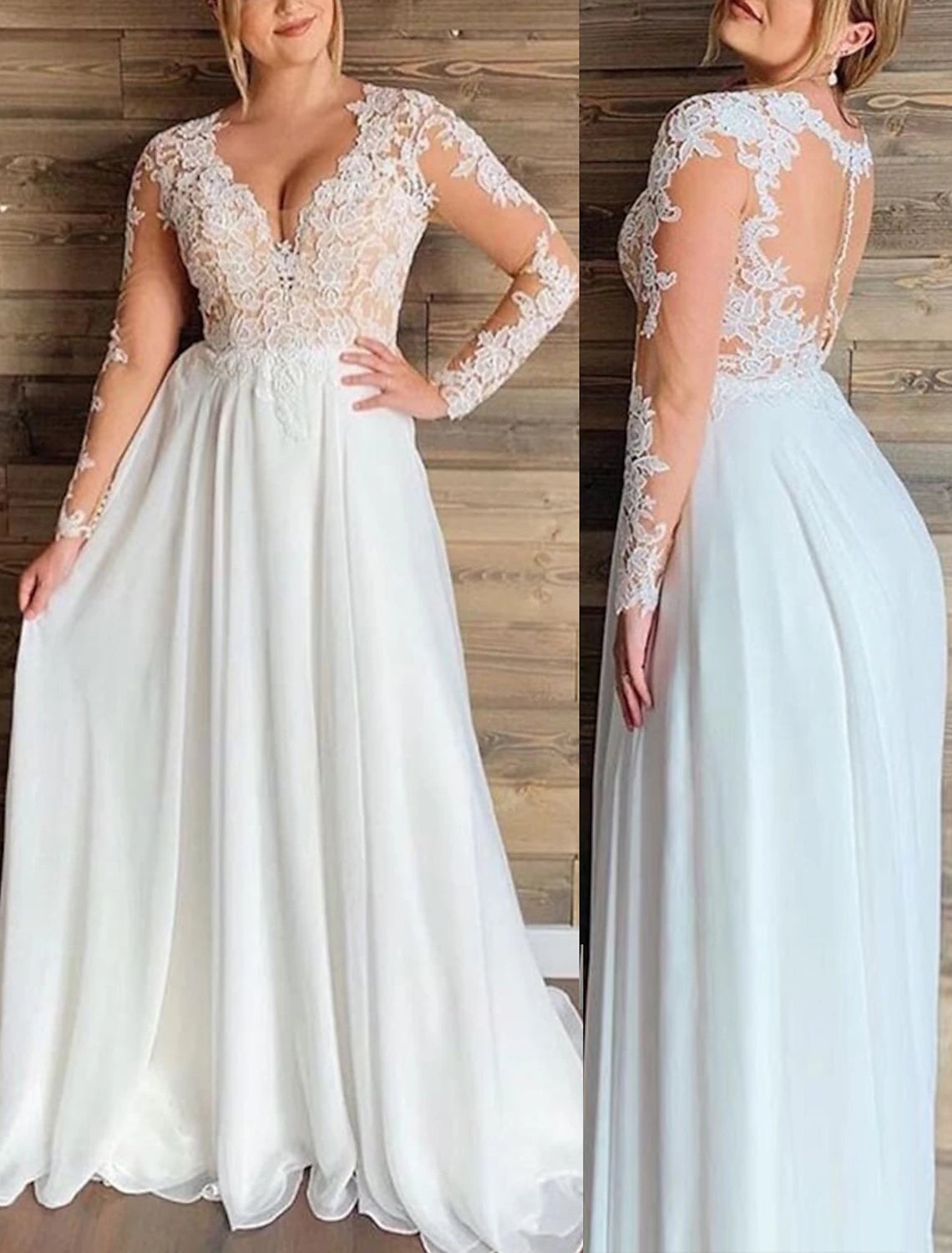 Women's Evening Wear Attire Reception Fall Wedding Dresses Plus Size Formal A-Line V Neck Long Sleeve Sweep / Brush Train Lace Bridal Gowns Party With Appliques