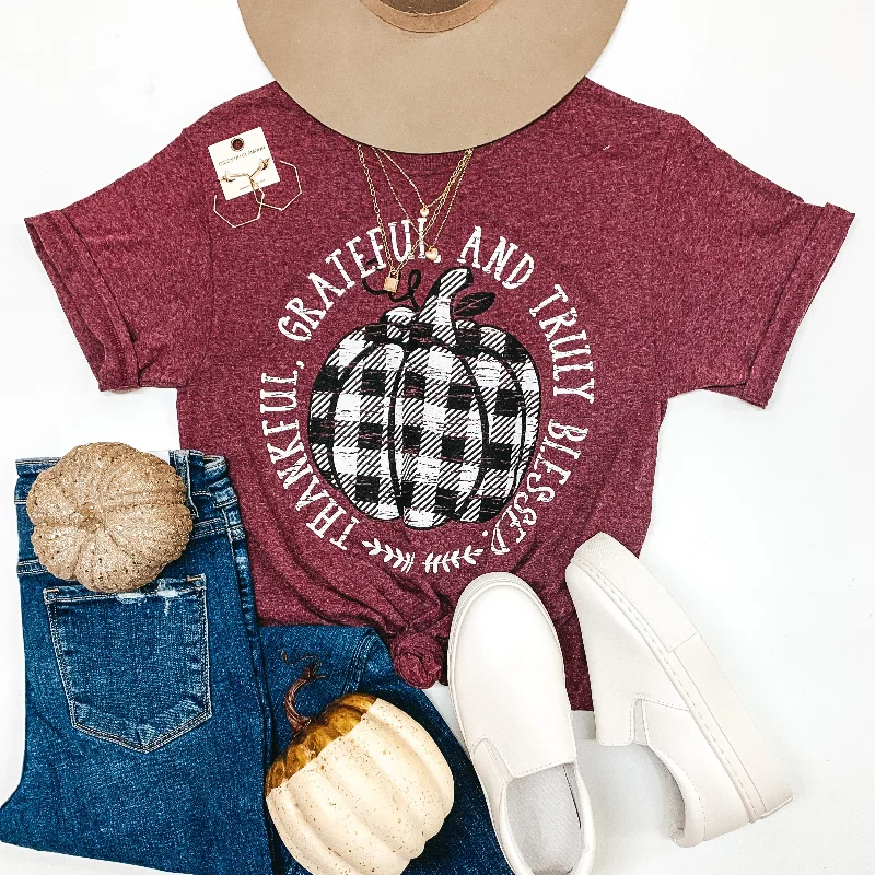 Women's Formal Apparel Thankful, Grateful, and Truly Blessed Short Sleeve Graphic Tee in Heather Maroon