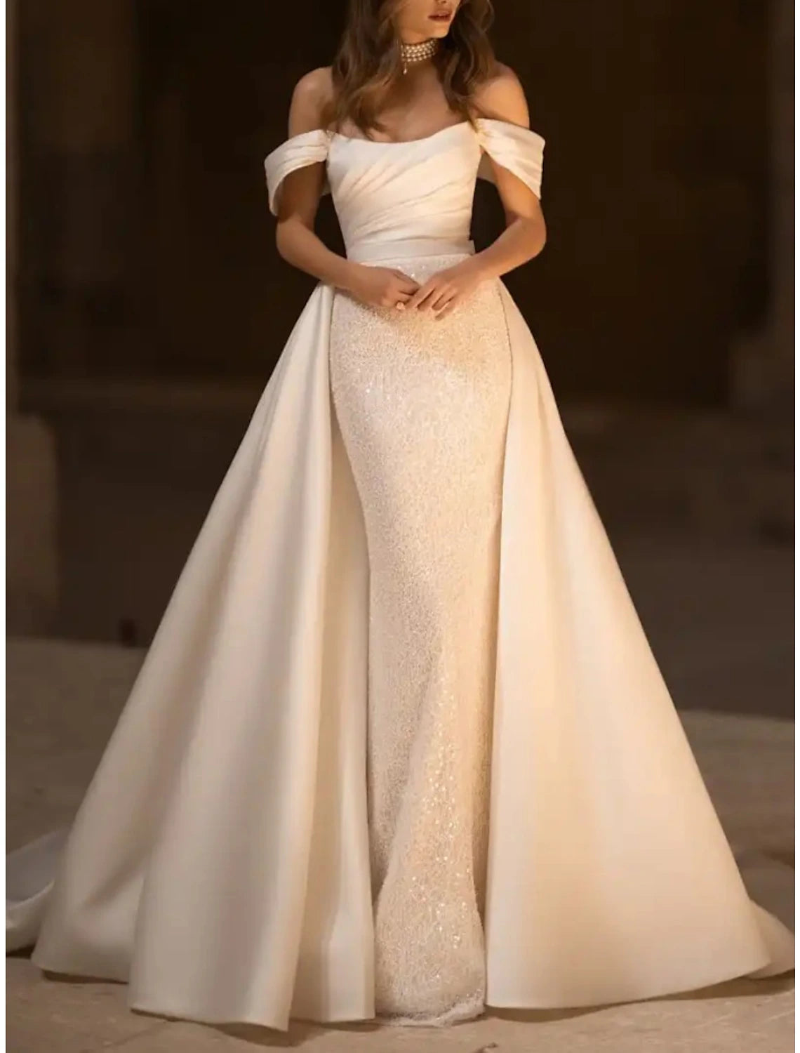 Comfortable Garments For Women Formal Wedding Dresses Mermaid / Trumpet Off Shoulder Sleeveless Court Train Satin Bridal Gowns With Pleats Solid Color