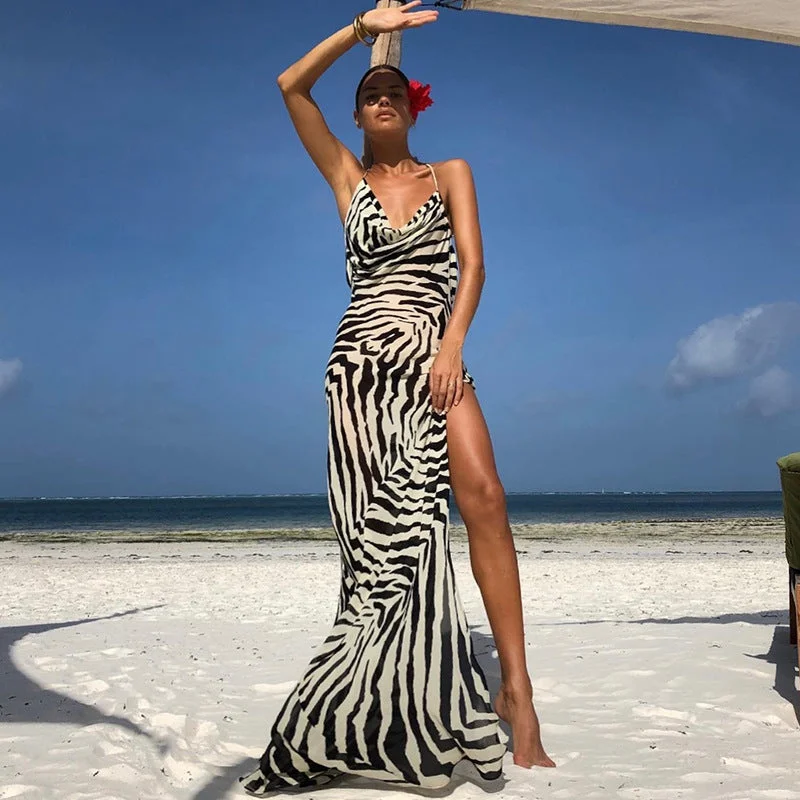 Women's Classic Outfit ANSKZTN Women Casual Zebra Stripe Print Sexy  Party Club Wear evening Slimming Spaghetti Strap Slit Maxi Dress