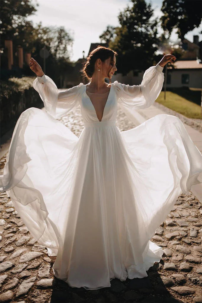 Women's Trendy Attire Wedding Dresses Long Sleeves  A Line Chiffon With Puff Sleeves