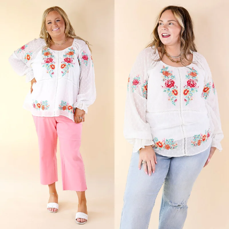 Vintage-Inspired Garments Patio Days Swiss Dot Long Sleeve Blouse with Floral Embroidery in White