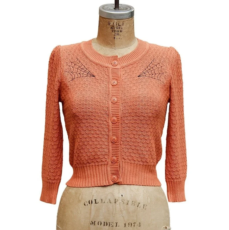 Women's Floral Print Outfit Embroidered Orange Knit Sweater Cardigan - Spiderweb Rockabilly Button Up Sweater #OEC