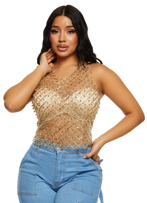 Women's Travel Garments Beaded Mesh Tank Top