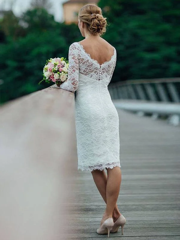 Women's Resort Garments Column Lace Long Sleeves Knee-Length Wedding Dresses