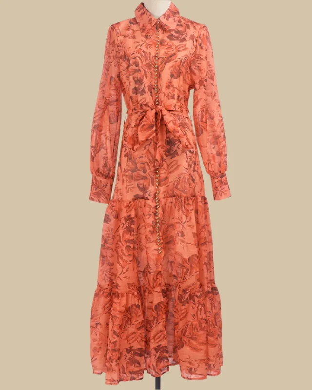 Women's Floral Print Outfit Amber Burnt Orange Maxi Dress with Long Sleeves