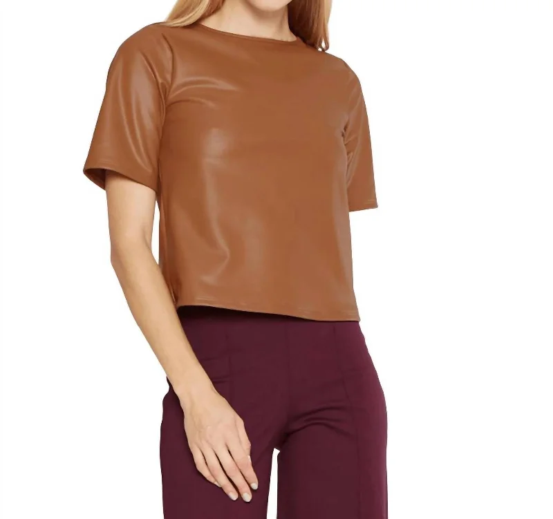 Women's Seasonal Clothes Vegan Leather Short Sleeves Top In Camel