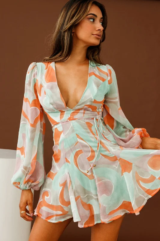 Women's Clothing For Outdoor Events Estelle Long Sleeve V-Neckline Dress Swirl Print Orange/Mint