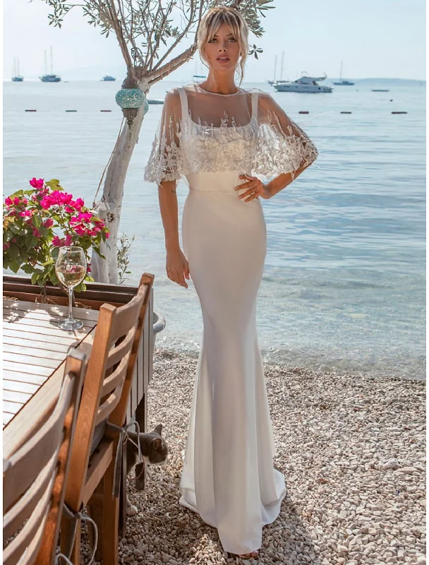 Women's Relaxed Clothes Beach Open Back Casual Wedding Dresses Mermaid / Trumpet Square Neck Sleeveless Sweep / Brush Train Satin Bridal Gowns With Buttons Beading