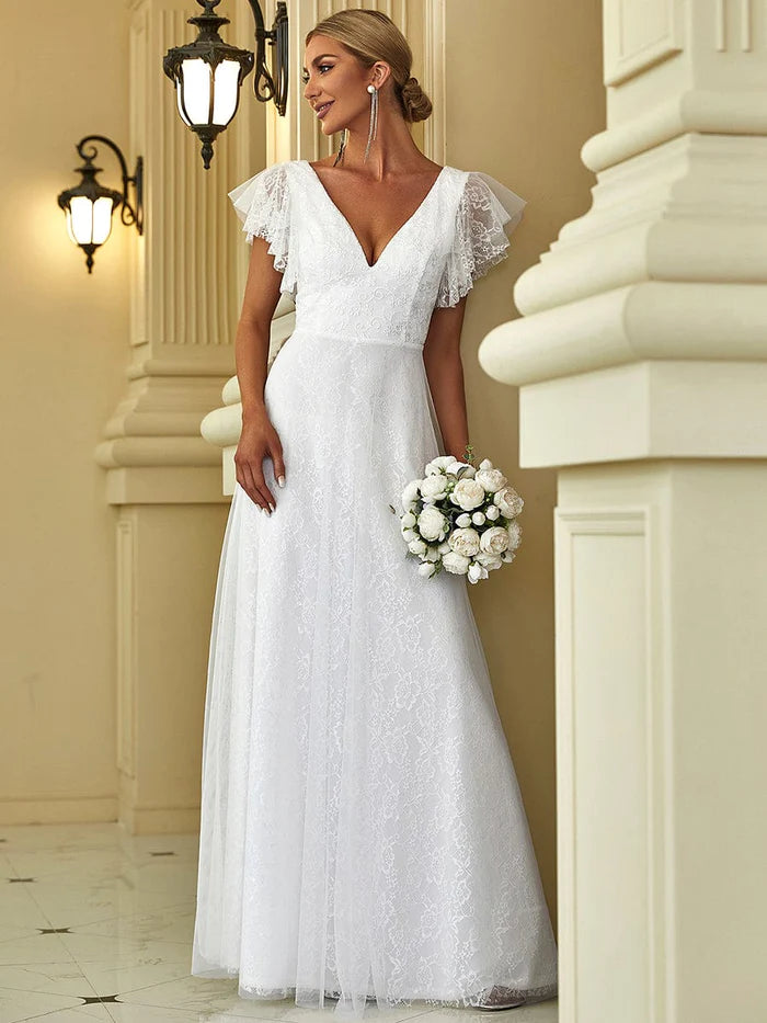 Women's Casual Wear Clothes Elegant Maxi Lace Wedding Dress with Ruffle Sleeves