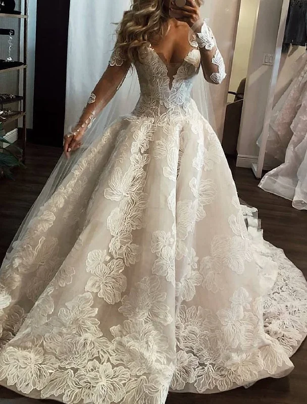 Timeless Women's Clothes Royal Style Formal Wedding Dresses Ball Gown V Neck Long Sleeve Sweep / Brush Train Lace Bridal Gowns With Appliques