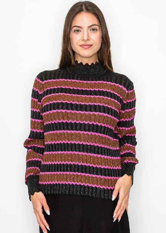 Affordable Women's Attire Shimmer Stripe Sweater with Scalloped Trim