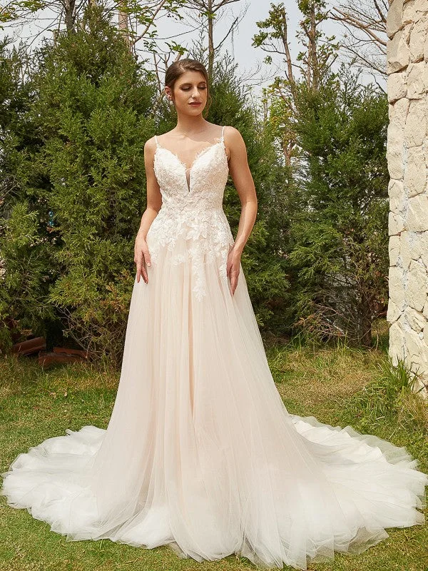 Classic Clothes For Women A-Line/Princess Tulle Applique V-neck Sleeveless Court Train Wedding Dresses