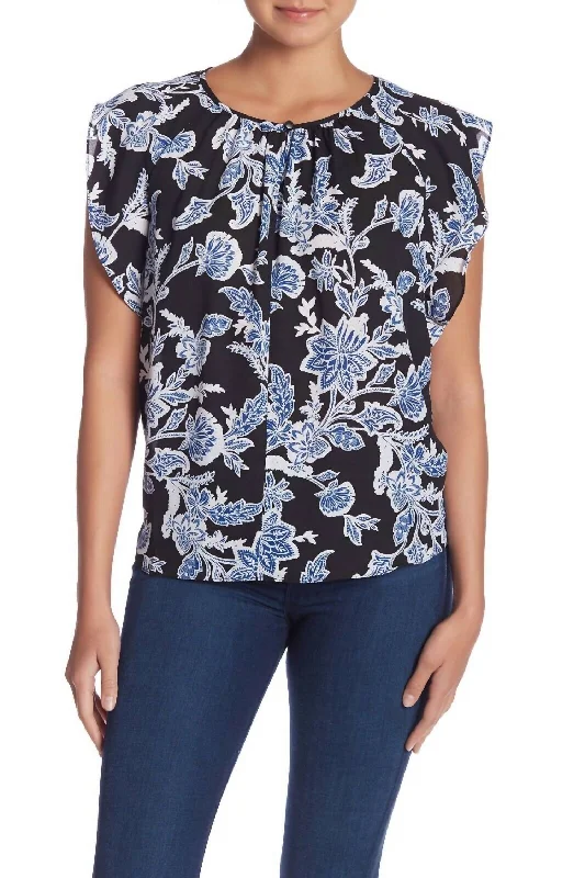 Affordable Women's Clothing Flutter Sleeve Floral Print Keyhole Blouse In Black Blue White