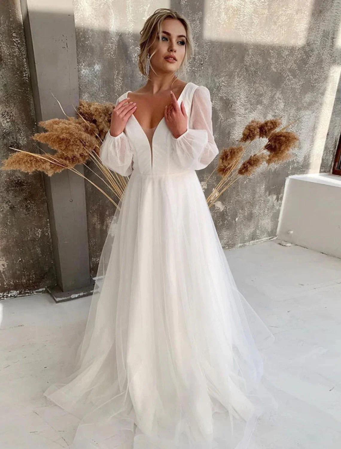 Women's High-Fashion Clothes Reception Casual Wedding Dresses A-Line V Neck Long Sleeve Floor Length Tulle Bridal Gowns With Solid Color