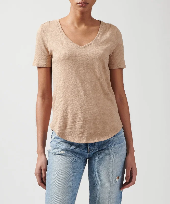 Women's Evening Garments Slub Jersey Classic V-Neck Tee - Camel