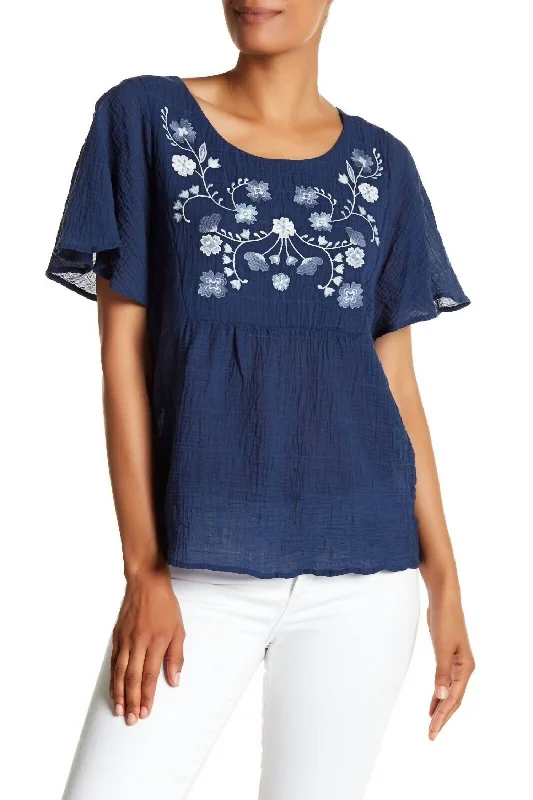 Women's Active Clothing Short Sleeve Crinkle Embroidery Blouse In High Tide Blue