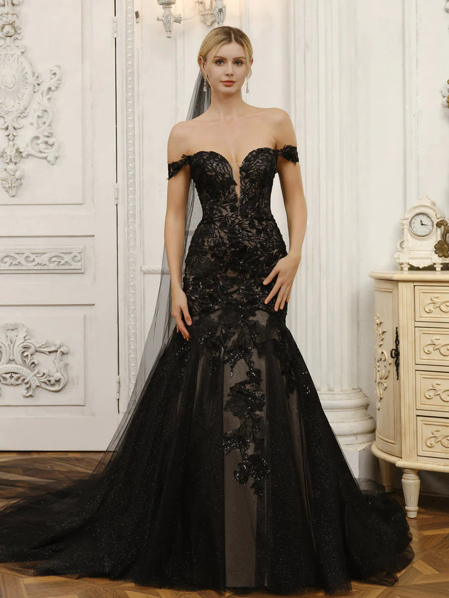 Women's Casual Apparel Off-The-Shoulder Tulle Mermaid Wedding Dresses With Appliques