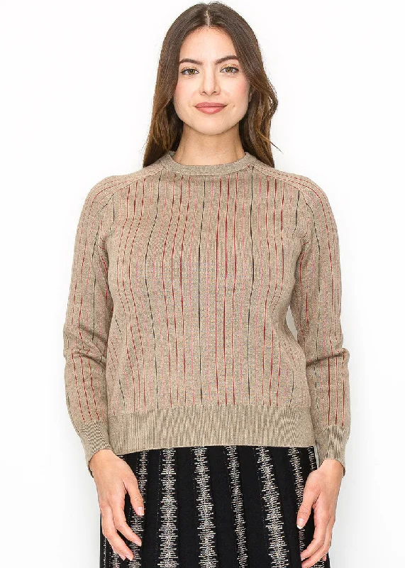 Women's Activewear Attire Beige Sweater with Subtle Pink Stripes