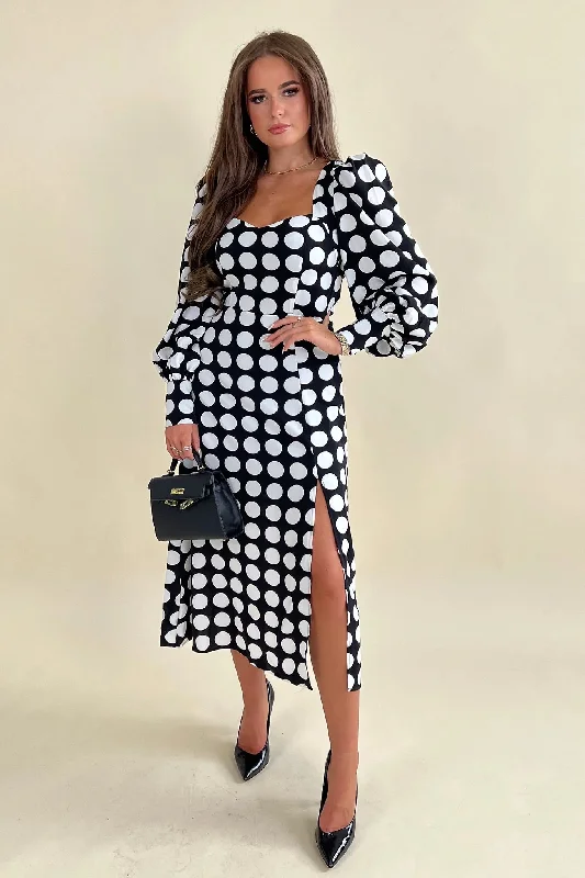 Women's Office Clothing Karl Polka Dot Sweetheart Long Sleeve Midi Dress