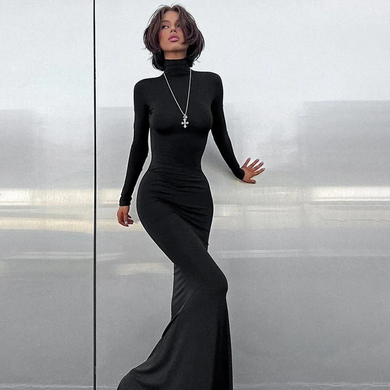 Women's Clothing Simple High Collar Long Sleeve Basic Fishtail Prom Occasion Slim Streetwear Black Maxi Dress For Autumn