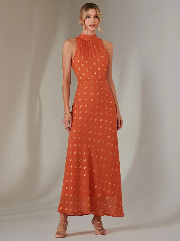 Women's Vacation Garments Halterneck Maxi Dress, Orange