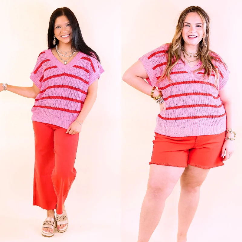 Women's Functional Apparel For Outdoor Activities Cool Comfort Short Sleeve Striped Sweater in Pink and Red