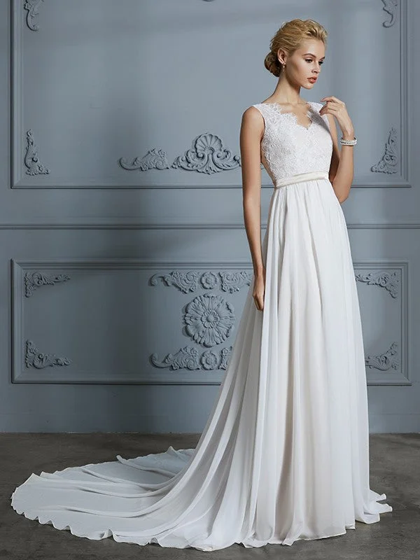 Women's Athleisure Apparel A-Line/Princess Sleeveless V-neck Chiffon Court Train Wedding Dresses