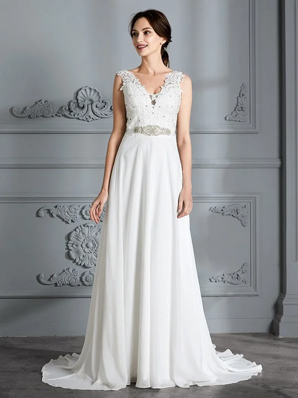 Women's Party Clothes A-Line/Princess Sleeveless V-neck Sweep/Brush Train Chiffon Wedding Dresses