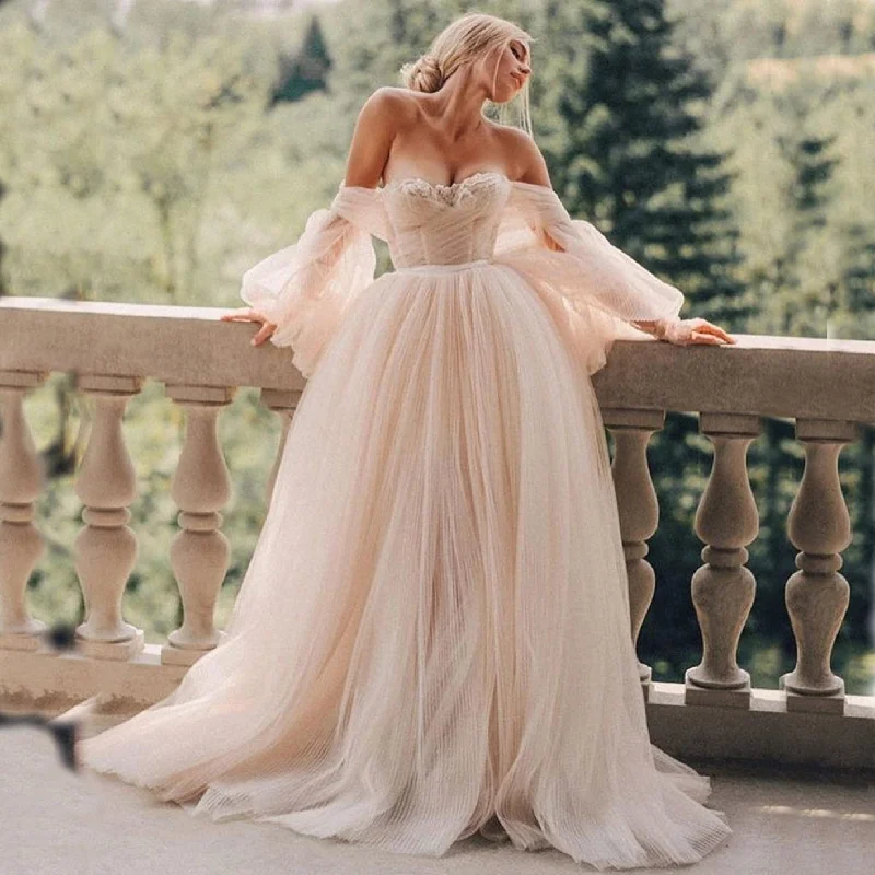 Elegant Clothing For Women Pink Tulle Wedding Dress A Line Puff Long Sleeves Garden Country Bridal Gowns Sweetheart Wedding Gown vestido novia