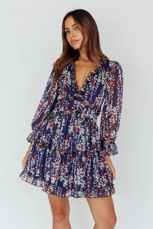 Women's Professional Apparel Laney Cutout Back Ruffle Detail Floral Dress Navy
